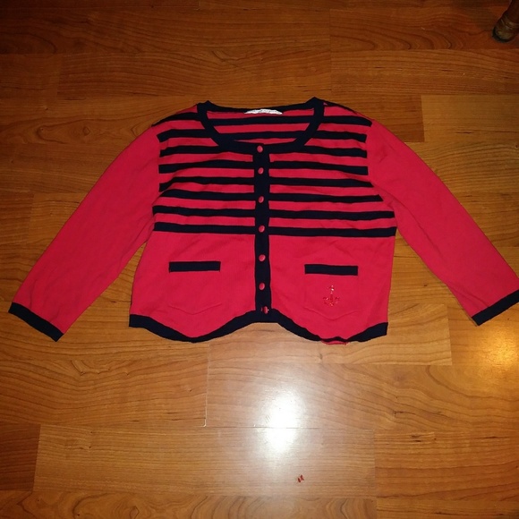 Red with Navy Blue Striped Cardigan - Picture 1 of 4